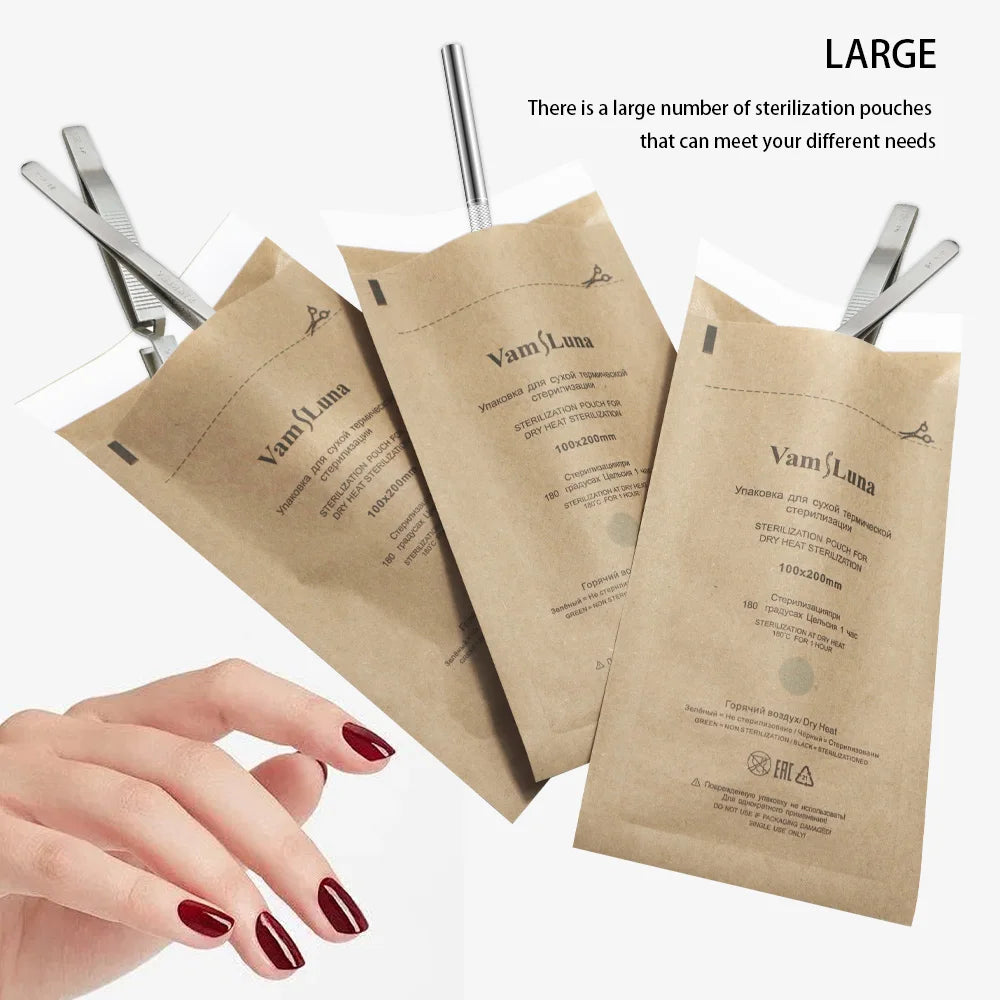 100-Pack Self-Sealing Kraft Sterilization Pouches 100x200mm
