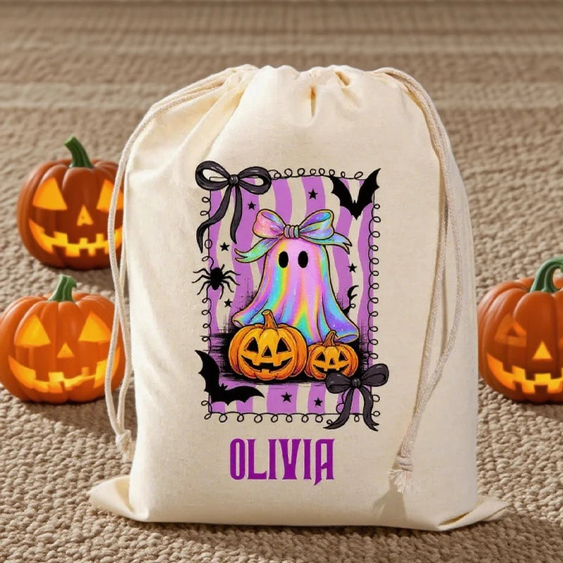 Personalized Halloween Ghost Pumpkin Drawstring Candy Bag Halloween Drawstring Bag Peaceful Pleasures Health and Wellness