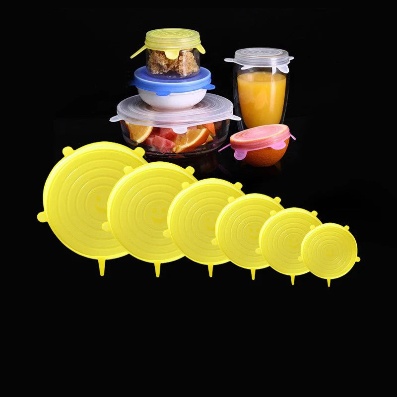 6PCS Silicone Stretch Lids Multifunctional Retractable Fresh-keeping Food Bowl Covers Reusable Saving Covers for Kitchen Peaceful Pleasures Health and Wellness yellow