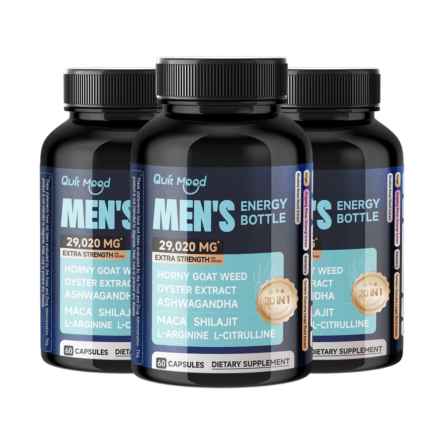 Quit mood Mighty Man Energy 20 in 1 Bottle - Enjoy the Power Every Moment, Horny Goat Weed 300mg, Oyster Extract 200mg, Maca 100 Peaceful Pleasures Health and Wellness 3 bottles United States