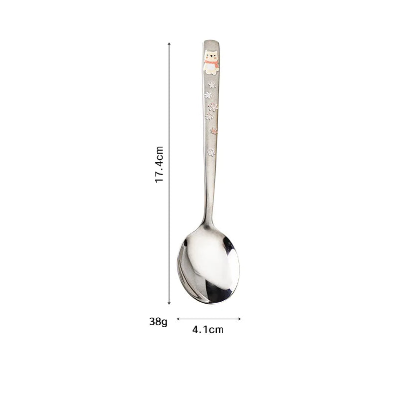 Hot 304 Stainless Steel Round Spoon Cartoon Embossed Deer Spoon Korean Style Household Long Handle Drinking Spoon Peaceful Pleasures Health and Wellness No horned deer Pink