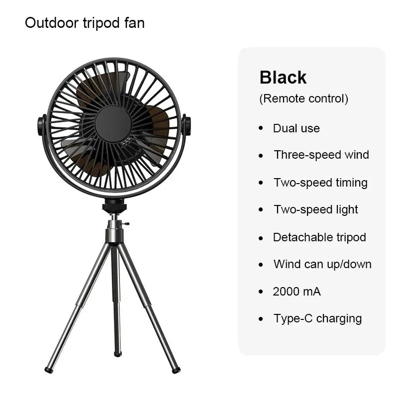 Tripod Stand Desk Air Cooling Blower Rotation Camping Ceiling Fan With Night Light Outdoor USB Chargeable Conditioning Cooler Peaceful Pleasures Health and Wellness Black