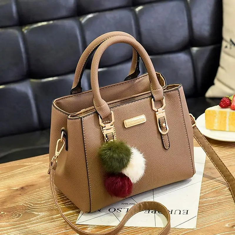Women's PU Leather Tote Bag | Pom-Pom Crossbody Shoulder Handbag