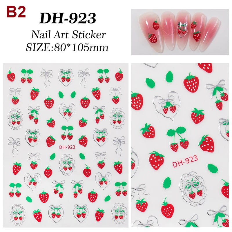 Fresh Sweet Fruits Strawberry Cherry Bowknot Love Heart Bow 5D Nail Art Stickers Self Adhesive Decorations Nail Manicure Decal Peaceful Pleasures Health and Wellness B2