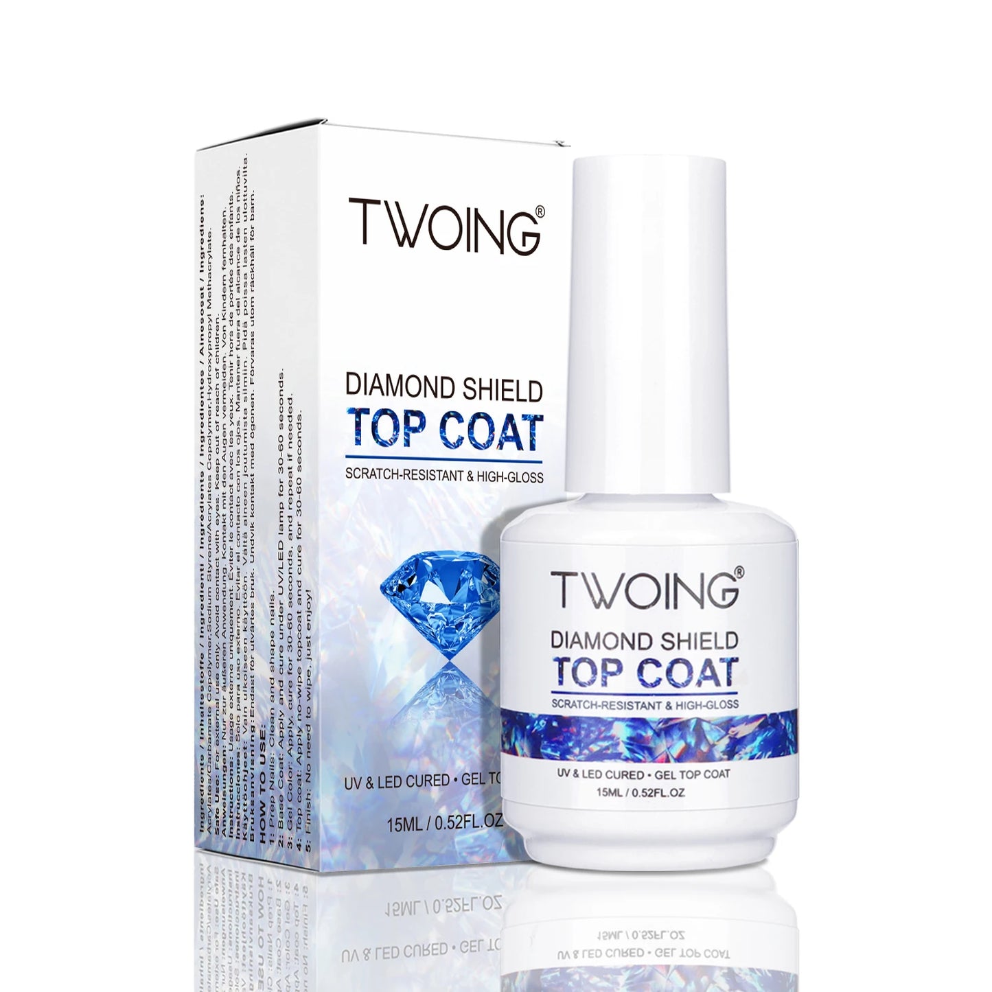 TWOING 15ml New Super Shine Top Coat Gel Nail Polish Diamond Topcoat No Wipe Sealer Gel Finish Manicure Nail Art Salon Quality Peaceful Pleasures Health and Wellness 1 bottle