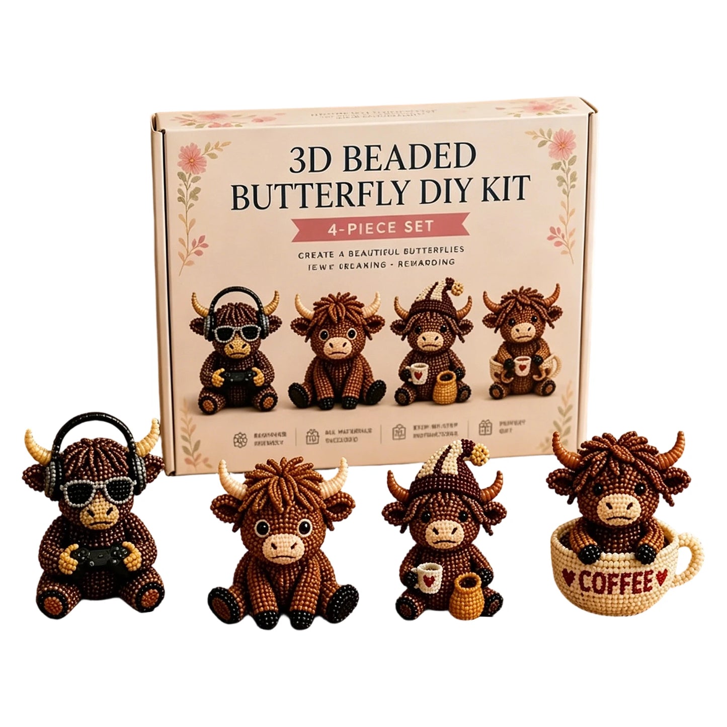 3D DIY Beaded Animal DIY Kit 4PCS Cute Highland Cow Beading Craft Set Animal Beading Kit Gift for Beginners & Craft Enthusiasts Peaceful Pleasures Health and Wellness C