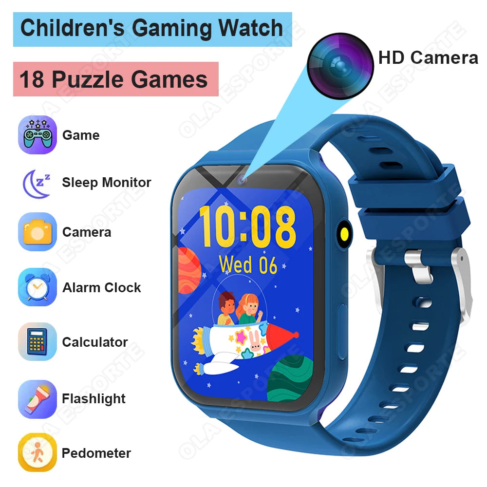 New Smartwatch For Kids HD Camera Flashlight Study Partners Multi Games Calculator Children's Day Birthday Gift Boys Girls HW12 Peaceful Pleasures Health and Wellness Blue Game watch for kids