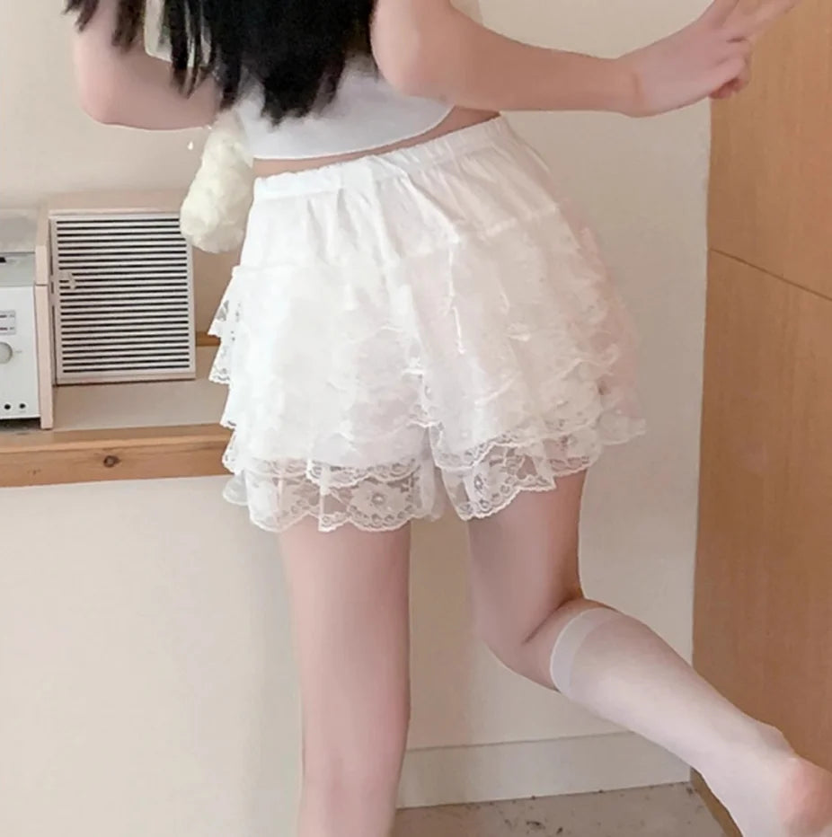 Women Lace Bloomers Shorts Lolita Ruffle Safety Pants High Waist Layered Petticoat Underpants Sweet Princess Summer Loose Fit Peaceful Pleasures Health and Wellness
