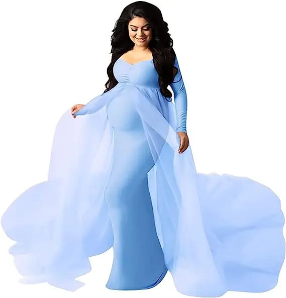Deep V-Neck Lace Feather Maternity Gown | Photo Shoot Dress