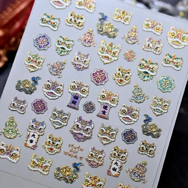 Chinese Style Paper Cuttings Horse Rich Flower Lion Dance Koi Carp Pony New Year Nail Art Stickers DIY Nail Art Decoration Decal Peaceful Pleasures Health and Wellness A6