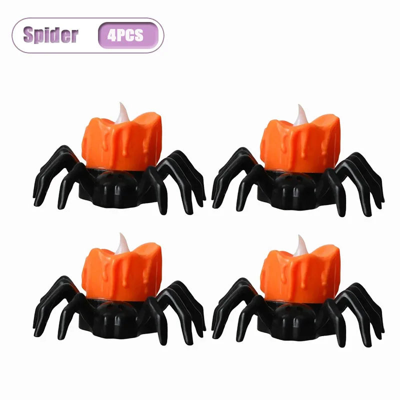 Halloween Pumpkin LED Candle & Spider Night Light Ornament Set