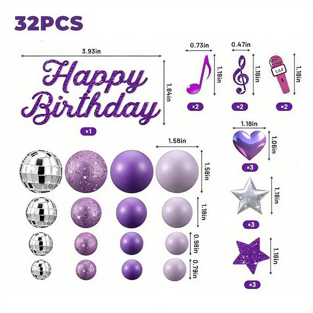 32pc Purple Music Cake Topper Set – Disco Balls, Stars & Hearts