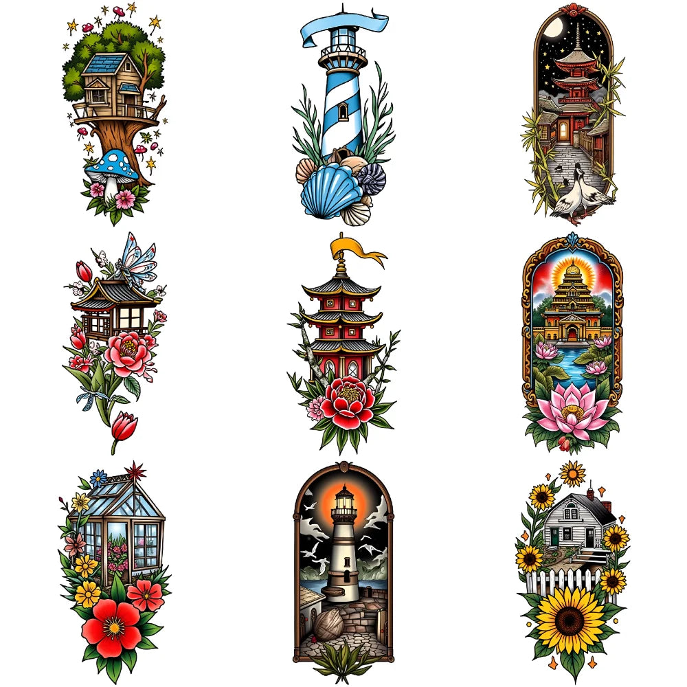 9-Pack Temporary Tattoo Stickers – Lighthouse, Flowers & Church