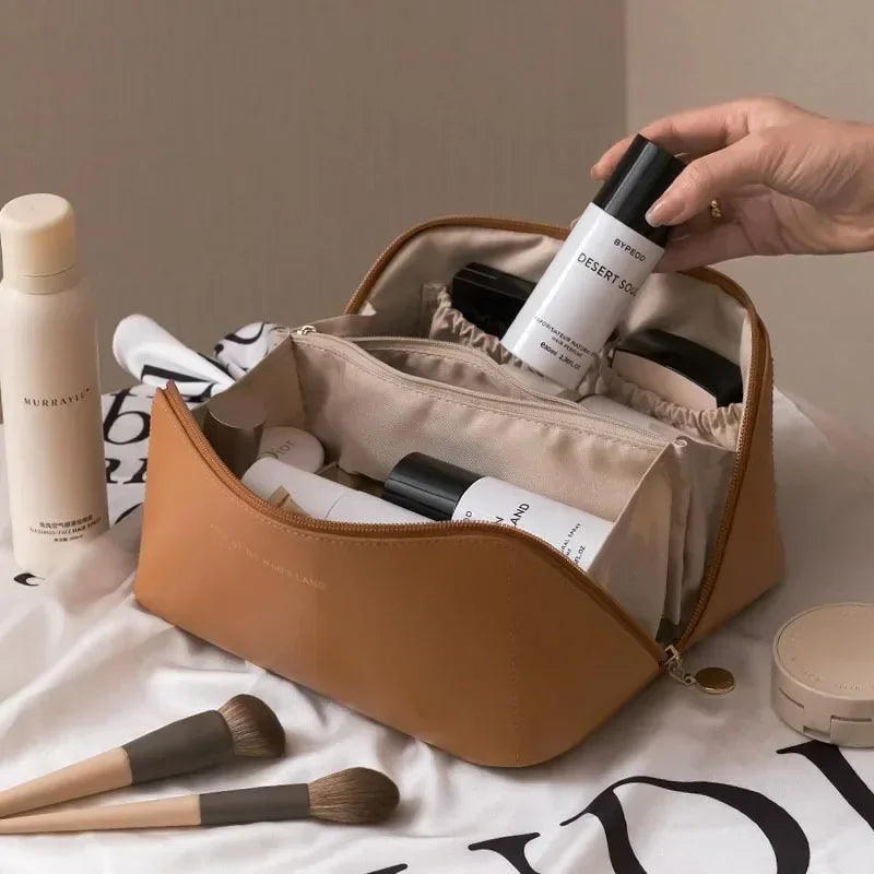 Large PU Leather Travel Cosmetic Bag – Waterproof Makeup Organizer