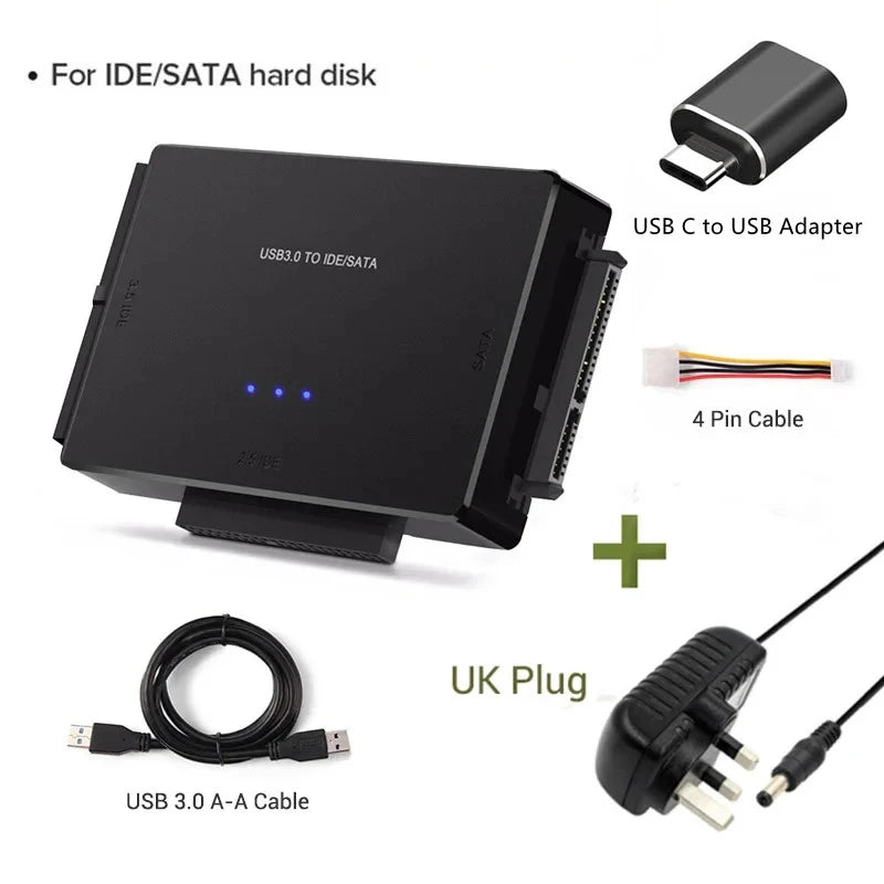 SATA/IDE to USB 3.0 Adapter Hard Drive Adapter Converter for Universal 2.5/3.5 Inch IDE SATA HDD SSD with 12V 2A Power Adapter Peaceful Pleasures Health and Wellness UK Plug with OTG 100cm