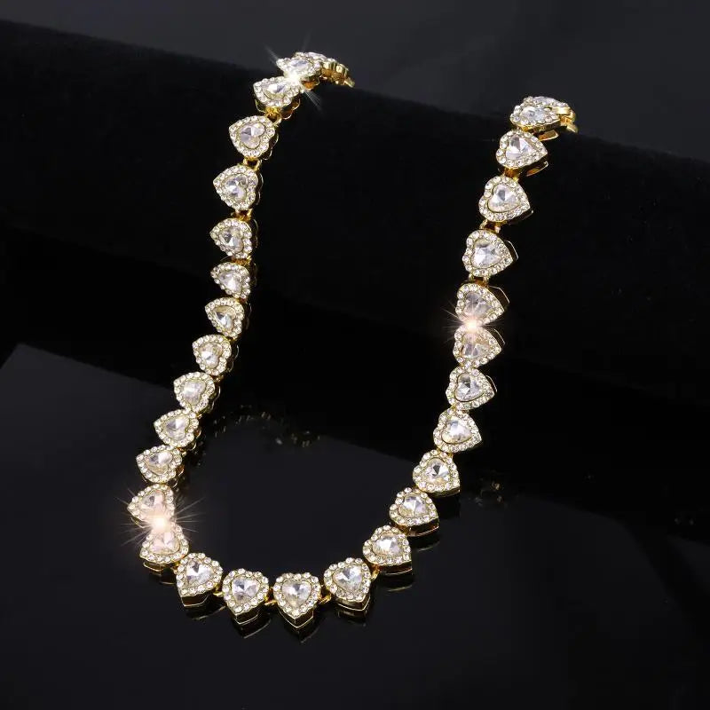 Hip Hop Tennis Chain Necklace – CZ Rhinestone Heart, 45cm