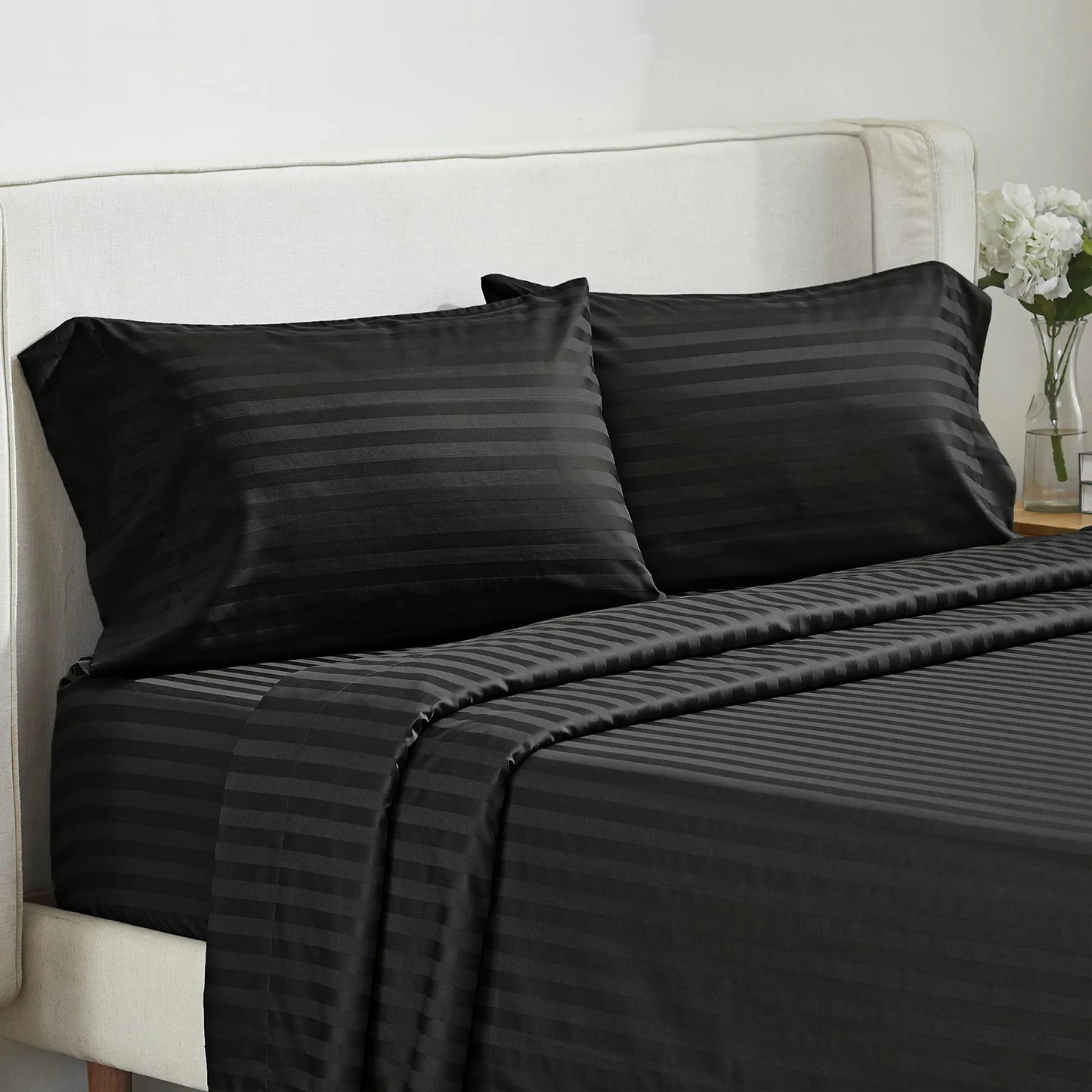 Battilo Bed Sheets 4 Pieces Set Luxury Fitted Flat Sheet with Pillowcases Solid Stripe Bedding Set For Twin Full Queen King Size Peaceful Pleasures Health and Wellness Black Twin