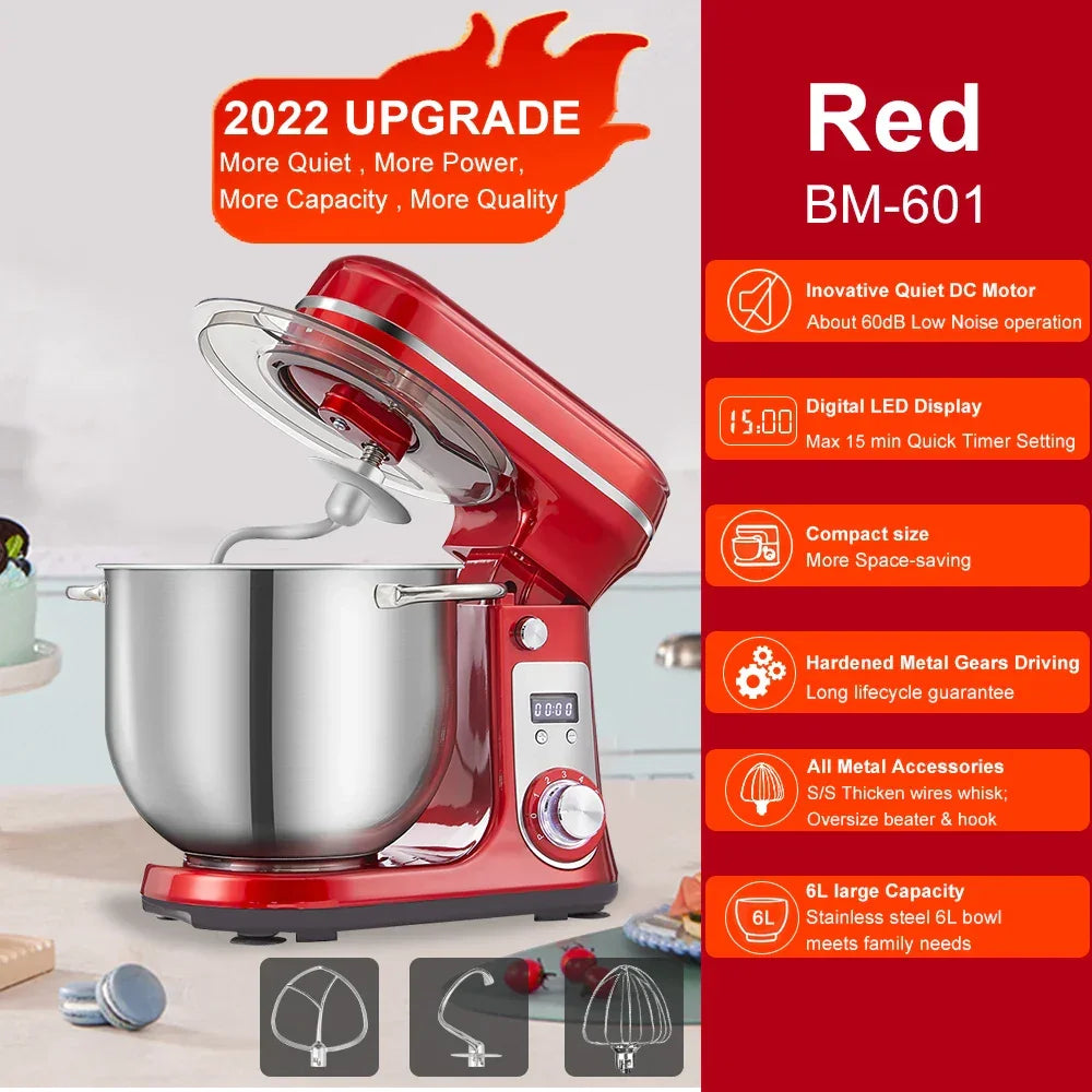 BioloMix 1200W 6L Stand Mixer – 6-Speed, Quiet DC Motor, Tilt-Head