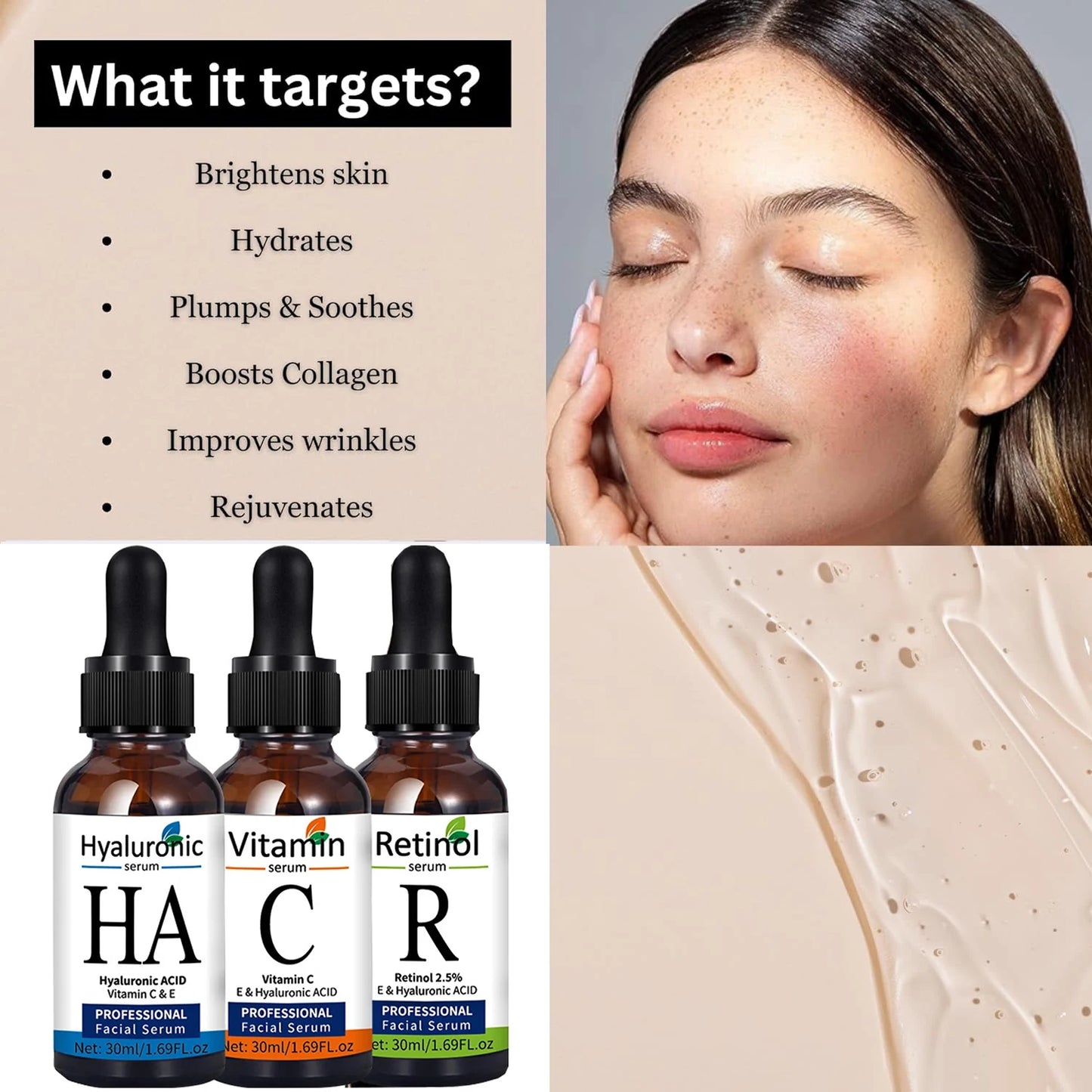 Vitamin C, Hyaluronic Acid & Retinol Face Serum Set – 3pc