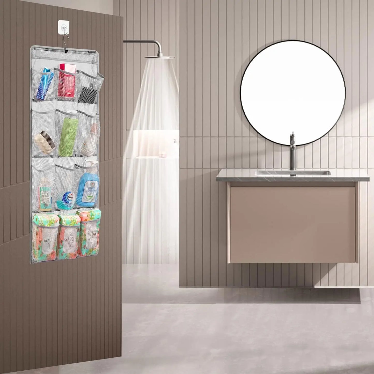 Quick-Dry Mesh Shower Organizer – 12 Pockets, 360° Rotating Hanger Peaceful Pleasures Health and Wellness