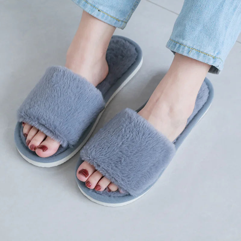 Women's Leopard Plush Open Toe Slippers | Cozy Fuzzy Indoor