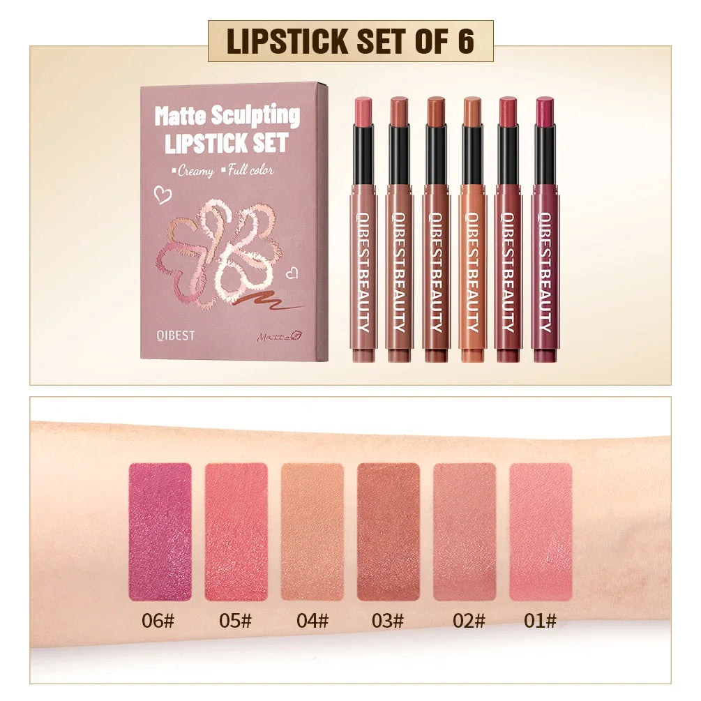QIBEST 6 Colors Matte Lipstick Sets Lasting Moisturizing Nude Sculpting Lipstick Pencil Makeup Hydrating Lip Stain Tint Cosmetic Peaceful Pleasures Health and Wellness