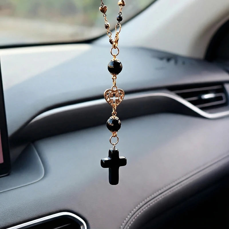 Rose Quartz Crystal Cross Rearview Mirror Charm | Car Decor