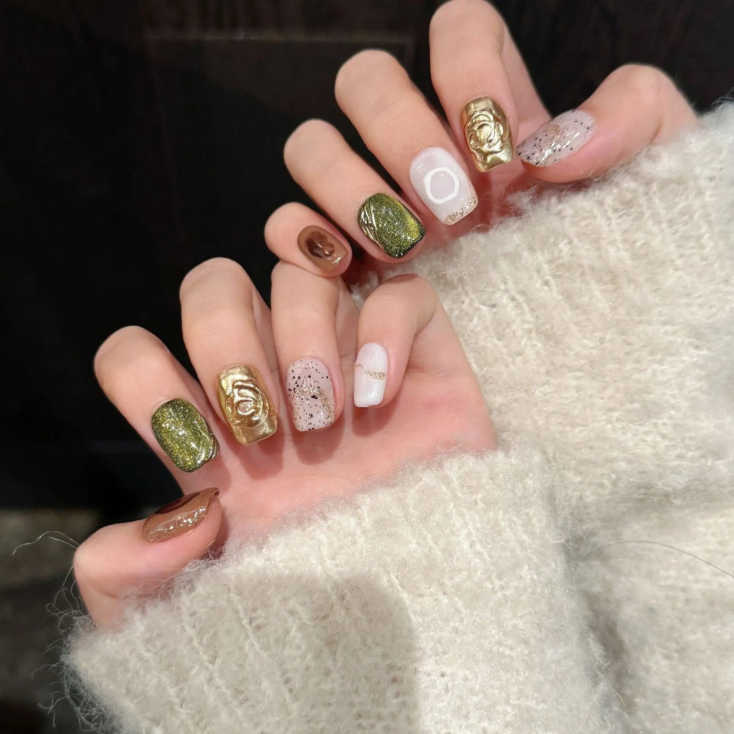 3D Gold Snake Press-On Nails | Cat Eye Short False Nail Tips
