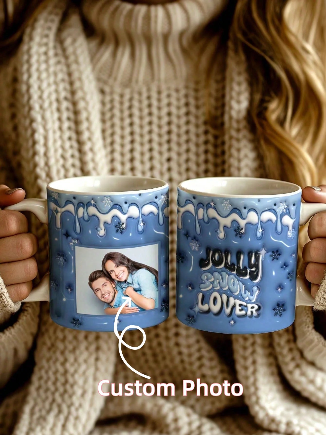 1pc Custom Couple Photo Mug 3D Inflated Effect Personalized Coffee Cup Gift For Him Her Boyfriend Girlfriend Valentine Birthday Peaceful Pleasures Health and Wellness Blue Couple Style 11oz