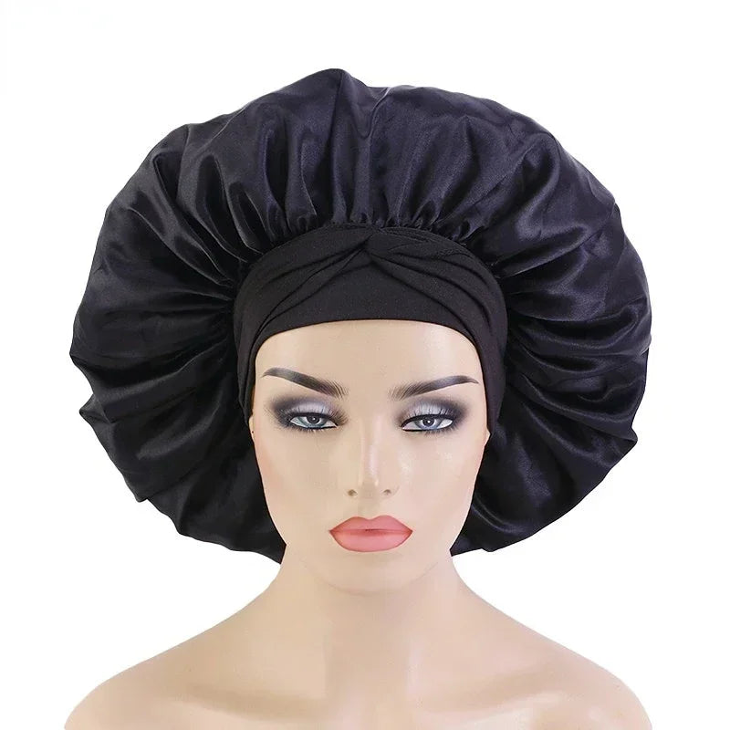 Silk Night Sleeping Cap, Large Satin Bonnet, Bonnet Edge Wrap For Women Curly Braid Hair With Head Tie Band Peaceful Pleasures Health and Wellness black