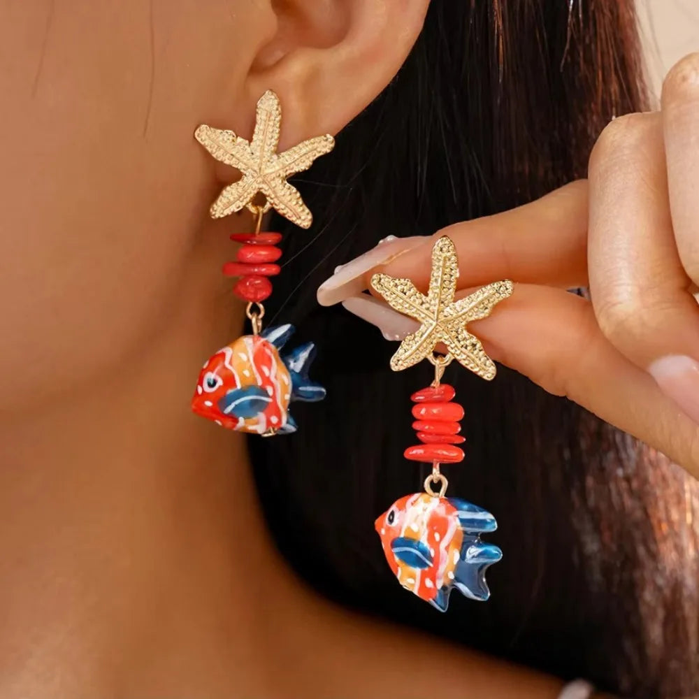 Ocean Glass Beaded Fish & Starfish Drop Earrings | Summer Jewelry