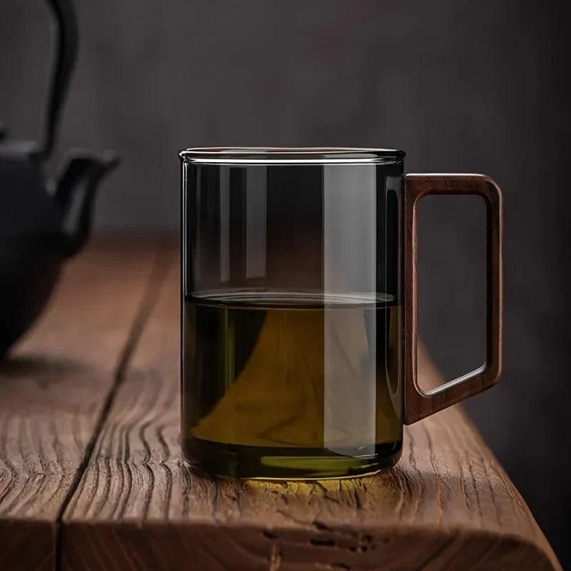 400ml Walnut Handle Glass Cup Heat-resistant Cup for Home Use Tea Making Cup Office Drinking Cup Peaceful Pleasures Health and Wellness 1PC GRAY 400ML
