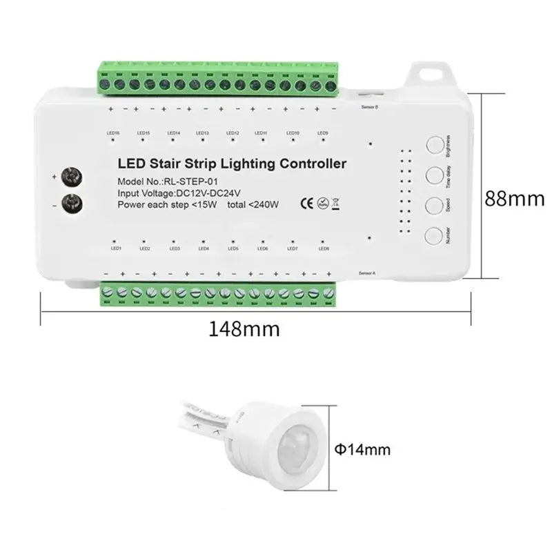A36T-16 Channels Led Stair Light Staircase Controller 2 PIR For Indoor Flexible LED COB Strip Light Peaceful Pleasures Health and Wellness
