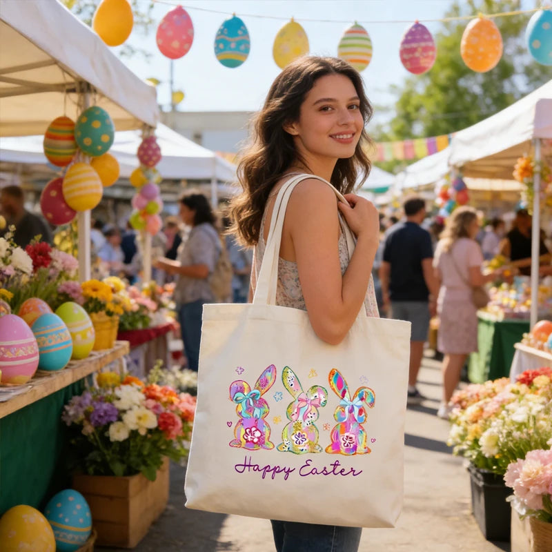 Colorful Easter Bunny Canvas Tote Bag | Reusable Gift Bag Canvas Tote Bag Peaceful Pleasures Health and Wellness