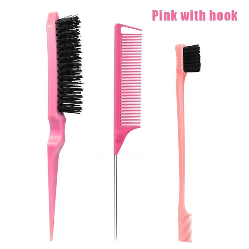 3-Piece Hair Styling Comb & Brush Set – Edge & Rat Tail Comb Hair Comb Brush Set Peaceful Pleasures Health and Wellness with hook Pink