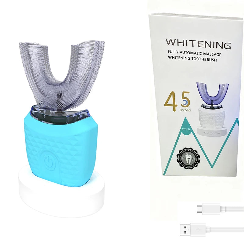 U-shaped ultrasonic IPX7 waterproof wireless electric toothbrush, featuring teeth whitening and deep cleaning functions Peaceful Pleasures Health and Wellness Blue