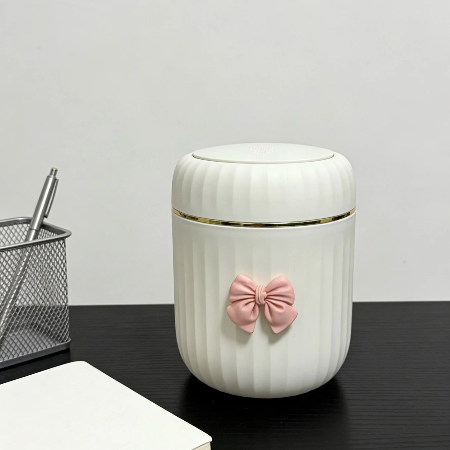 Mini Desktop Trash Can with Lid & Bow Decor | Press-Open Bin