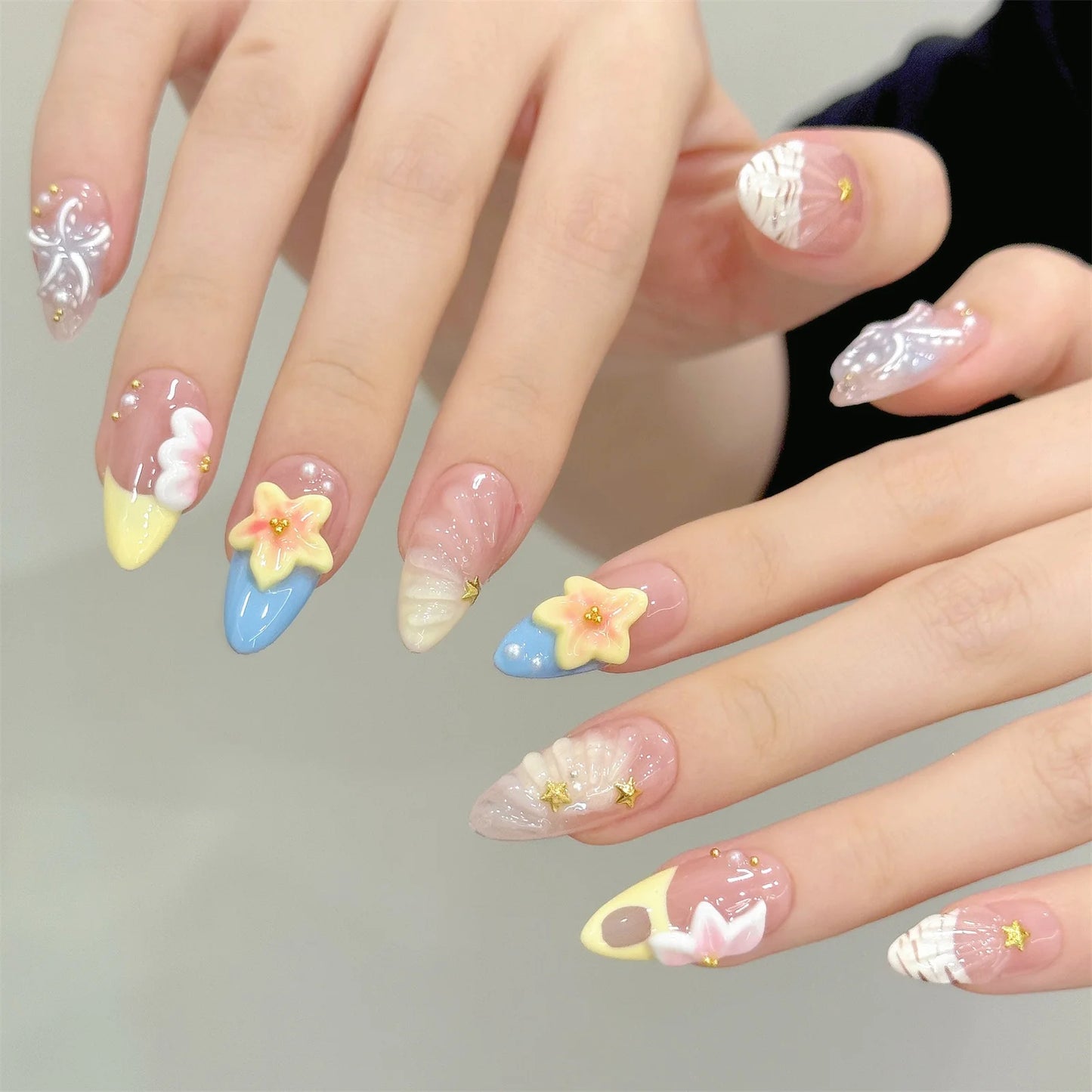 Handmade Press on Nails Blue Island Butterfly False Nails Wearable 3D Flower Decor Long Carved Almond Spice Girls Fake Nail Tips Peaceful Pleasures Health and Wellness