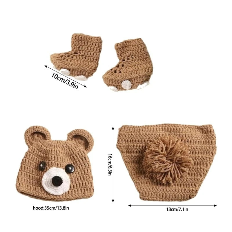 3-Piece Bear Newborn Photography Costume – Knit Outfit & Shoes