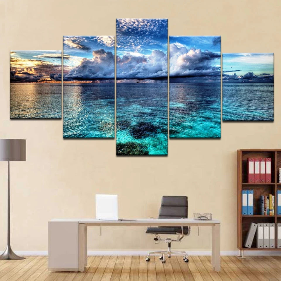 5pcs Cleopatra Ocean Canvas Painting Wall Art Orange Sky Ocean Beach Multi Turkey Sand Beach Sunrise Wall Decor No Frame Peaceful Pleasures Health and Wellness 5pcs 3 20x35-20x45-20x55cm
