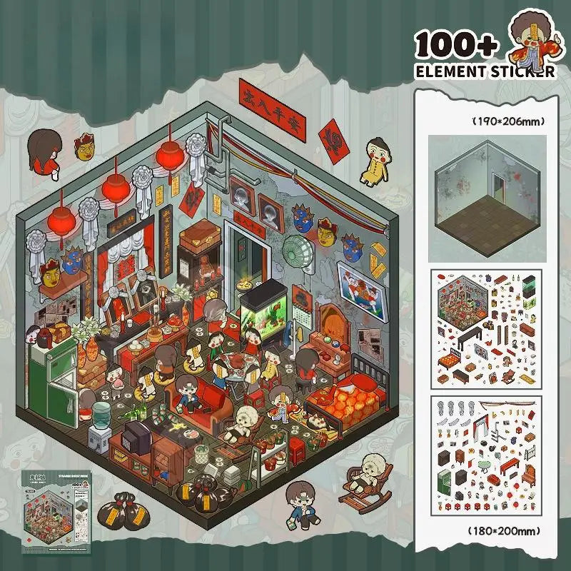 Kawaii 3D Miniature Scene Stickers – Adventure Cabin 4-Pack