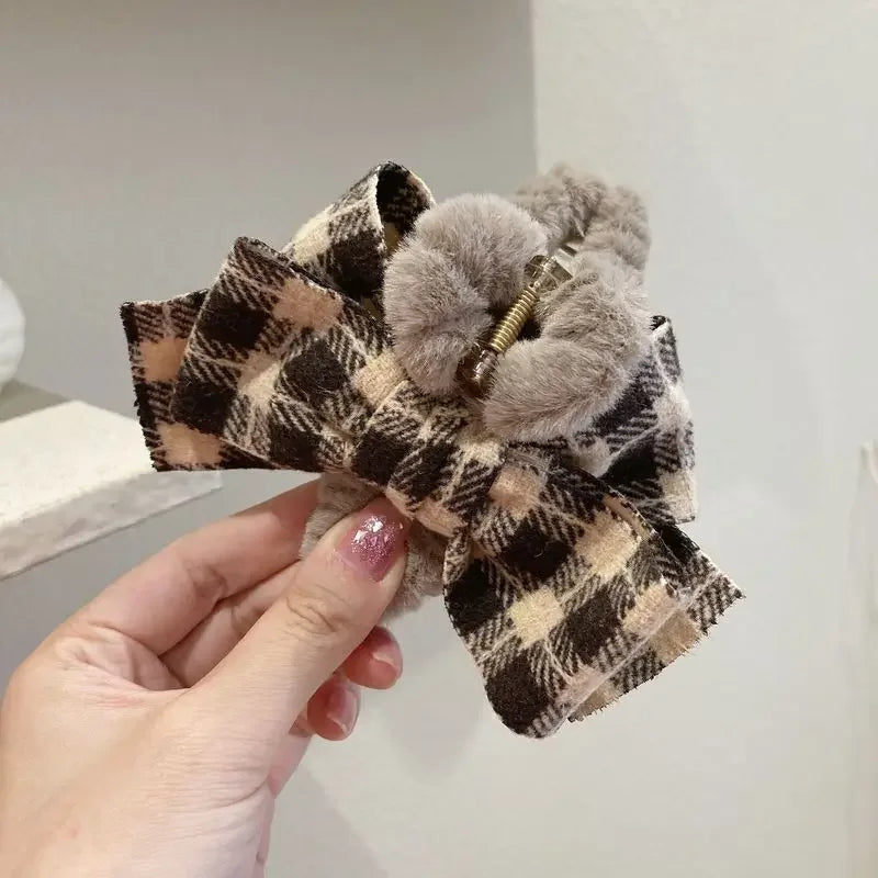 New Korean Style Hairy Hair Accessories with Bow Tie Autumn Hair Clip Women's Back of The Head Clips Big Hair Clips Shark Clips Peaceful Pleasures Health and Wellness 1pc khaki