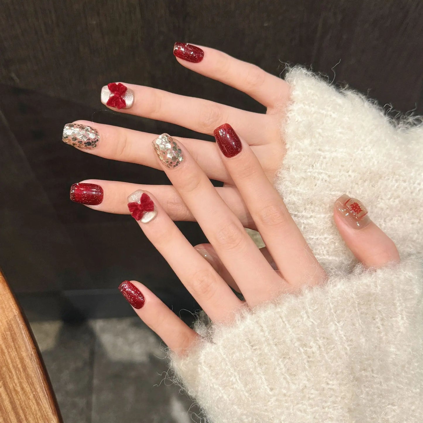 Handmade New Year Lucky Red Press on Nails Glitter Sequins Red Bow Decor False Nails Full Cover Wearable Short Fake Nail Tips Peaceful Pleasures Health and Wellness short L