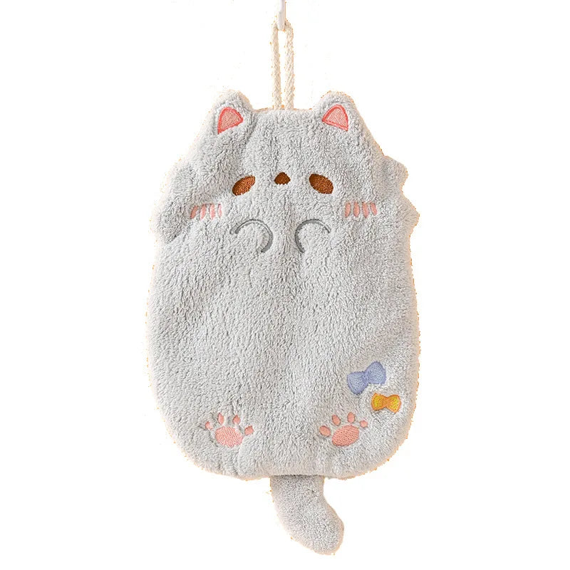 Cute Cartoon Cat Hanging Hand Towel Coral Fleece Non-shedding Thick Cloth High Appearance Level Kitchen Bathroom Absorbent Towel Peaceful Pleasures Health and Wellness GRAY