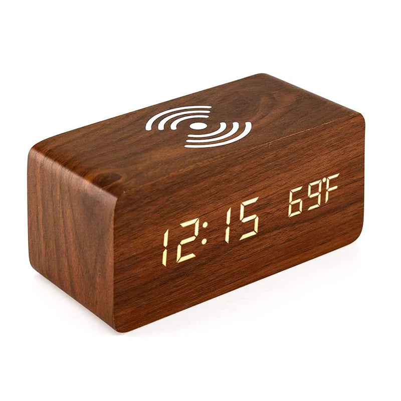 Wooden Digital Alarm Clock with Wireless Charging LED Clock with Time Date Temperature Desk Clocks for Office Bedside Clock Peaceful Pleasures Health and Wellness Brown-Charging