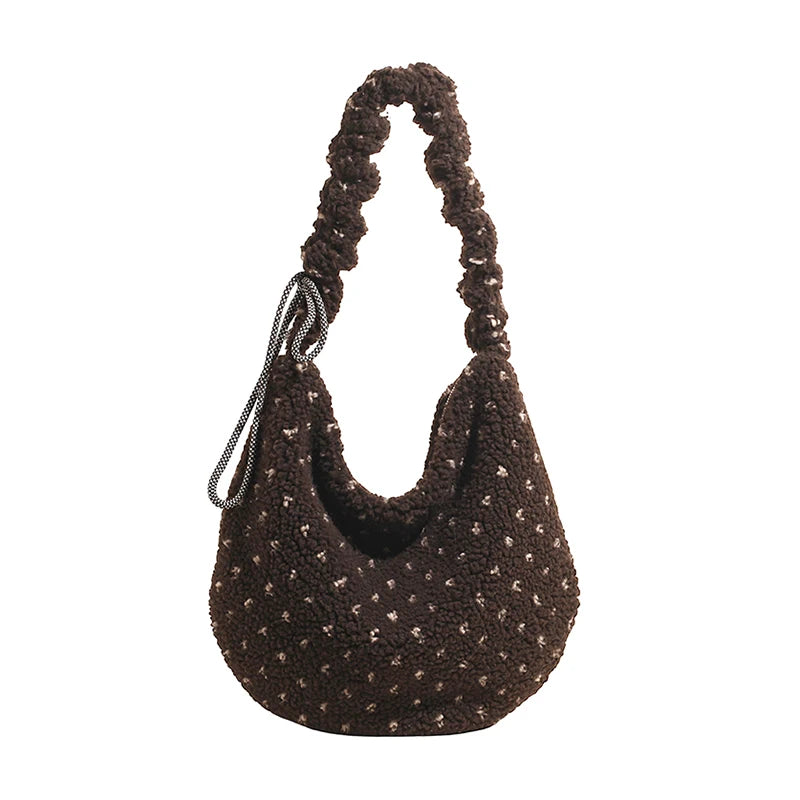 Korean Fashion Faux Fur Crossbody Bags for Women Trendy Large Capacity Sweet Polka Dot Versatile Tote Bag Fashionable Versatile Peaceful Pleasures Health and Wellness Coffee 38x32x3
