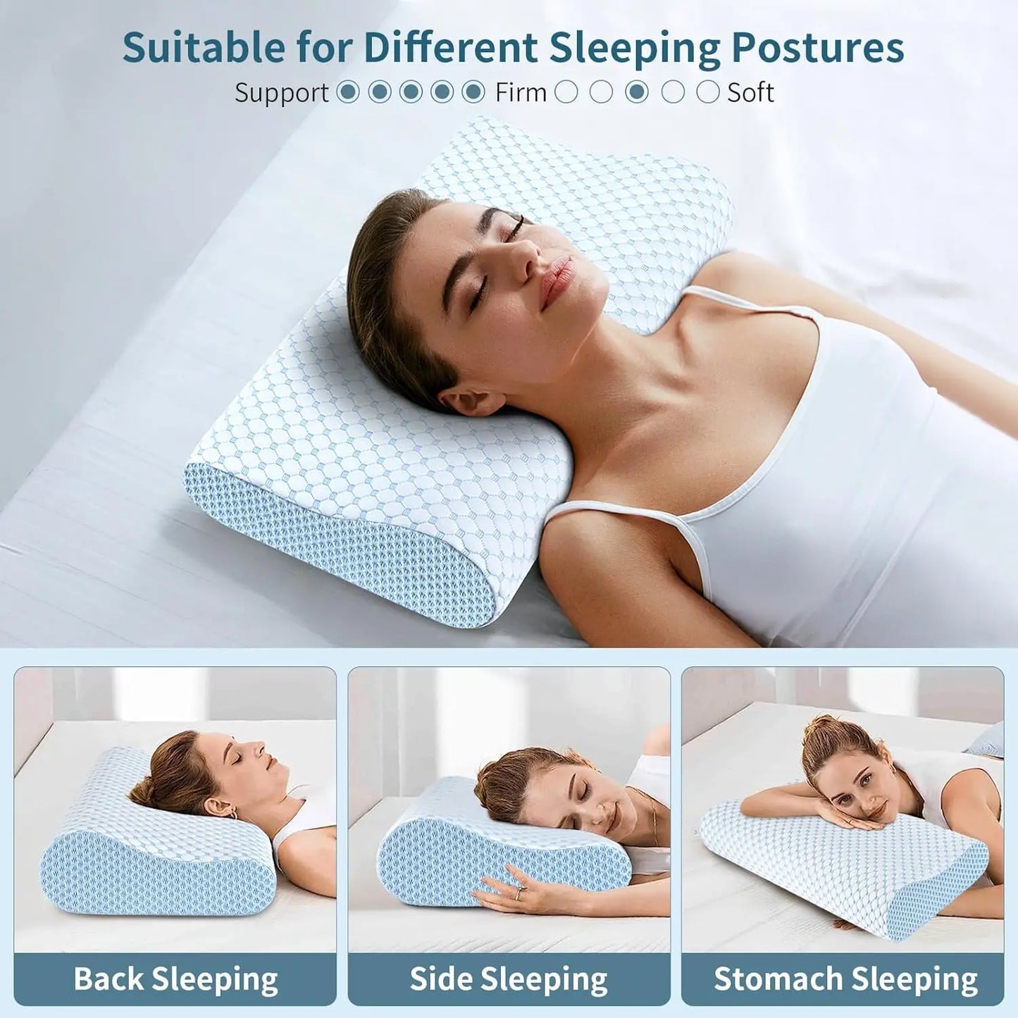 Woman lying on a blue and white pillow with text indicating suitability for different sleeping postures.