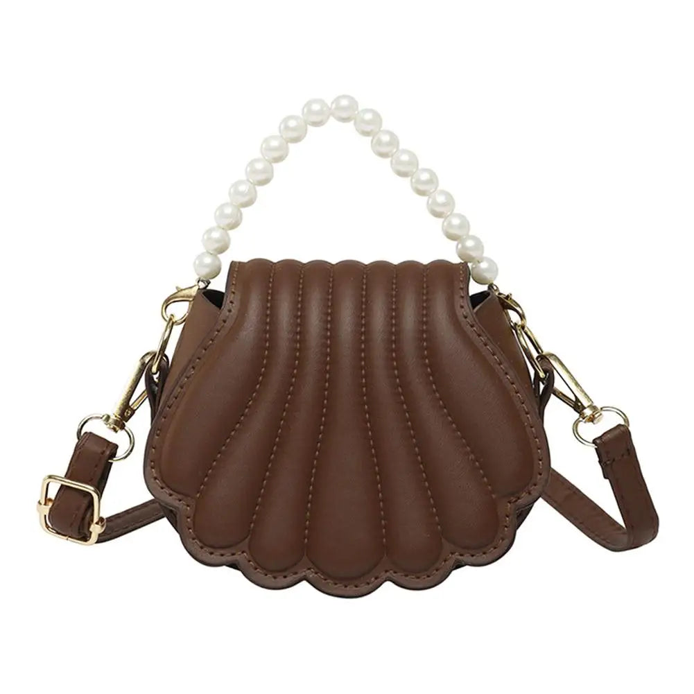 Fashion Shell Shape Crossbody Bag French style Elegant Pearl Chain Handbag PU Leather Shoulder Bag Minimalist Women Hobo Bag Peaceful Pleasures Health and Wellness Brown