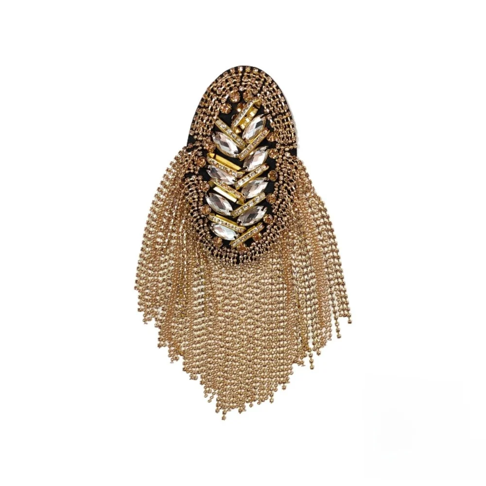 Rhinestone Shoulder Epaulette Tassel Brooch – Gold & Silver