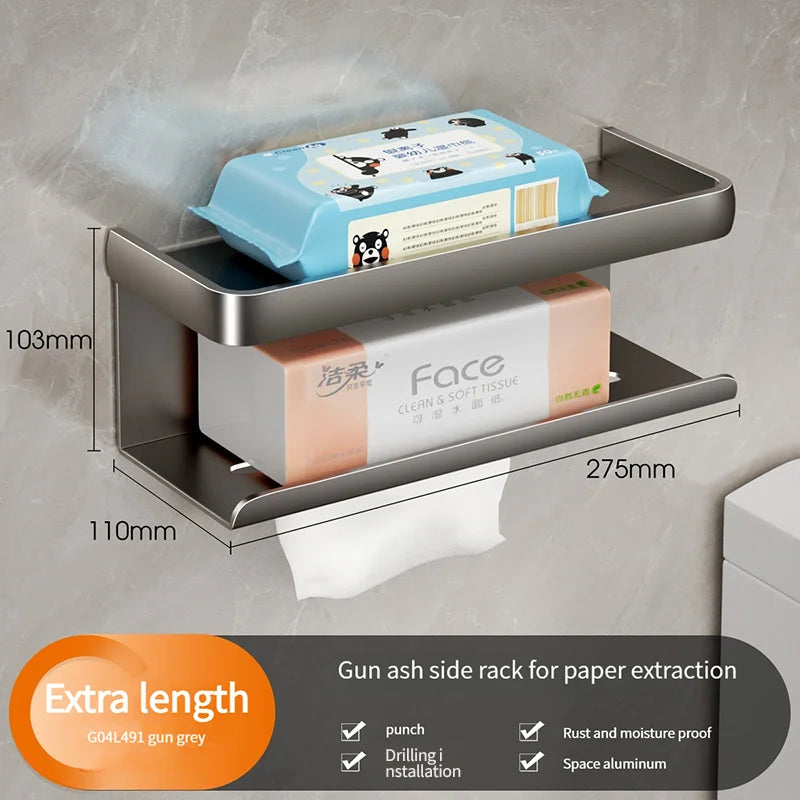 Aluminum Bathroom Tissue Box Holder & Wall Storage Rack